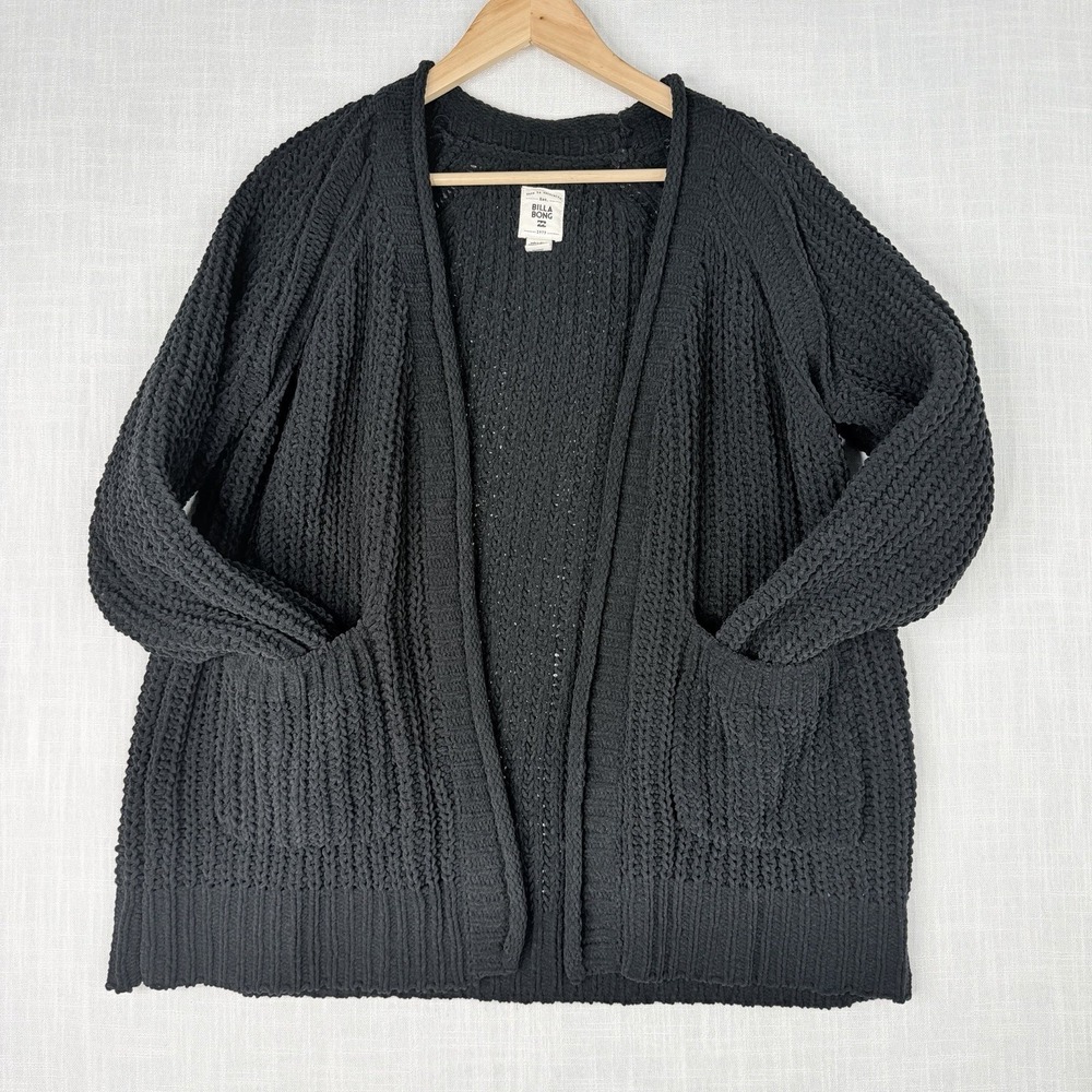 Billabong Open Front Ribbed Knit Cardigan Sweater with Pockets  M Black